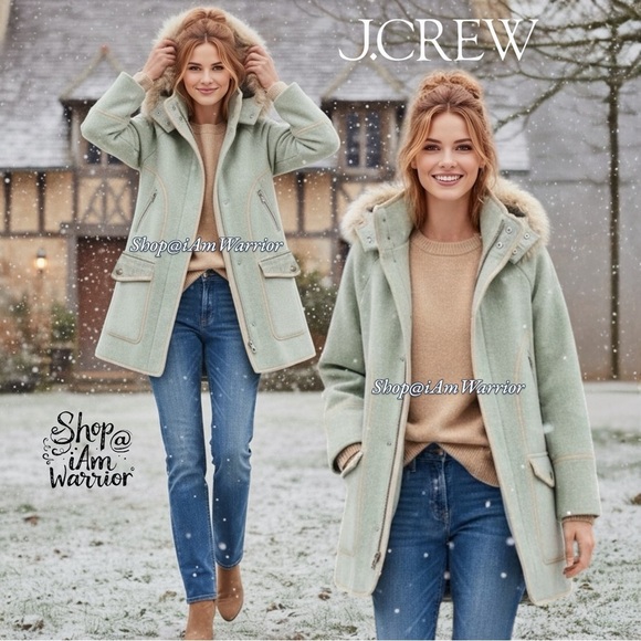 J.Crew Italian Stadium-Cloth sage Wool Coat with Faux Fur Hood *shop@iamwarrior - Picture 3 of 11